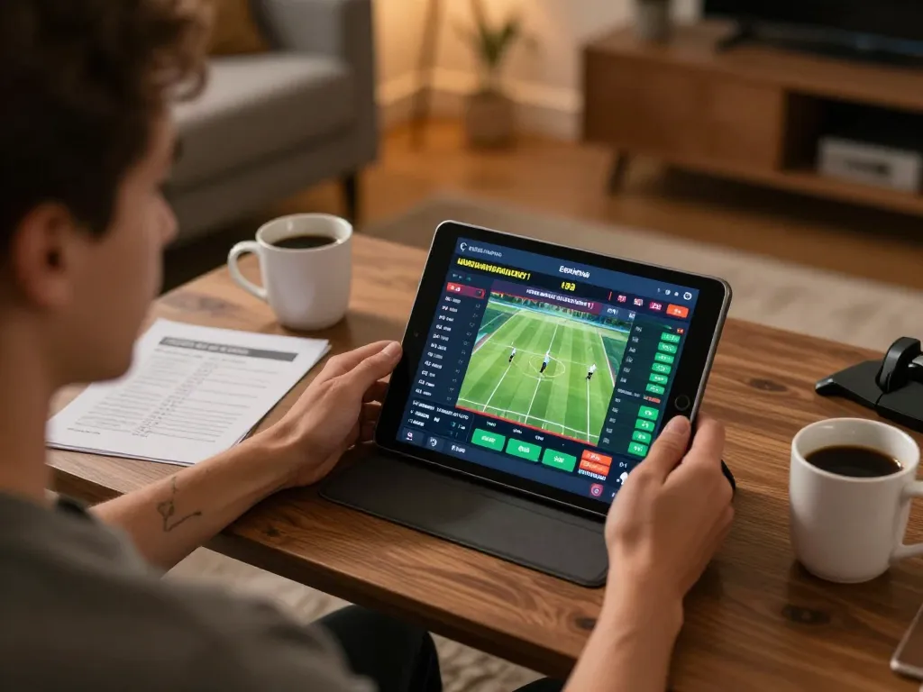 Engaged user at home sports betting on nhà cái BL555 tablet with real-time odds.