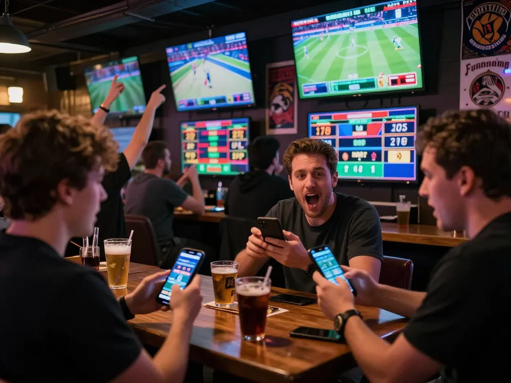 Fans engaging in sports betting while analyzing tỷ lệ kèo nhà cái on live screens