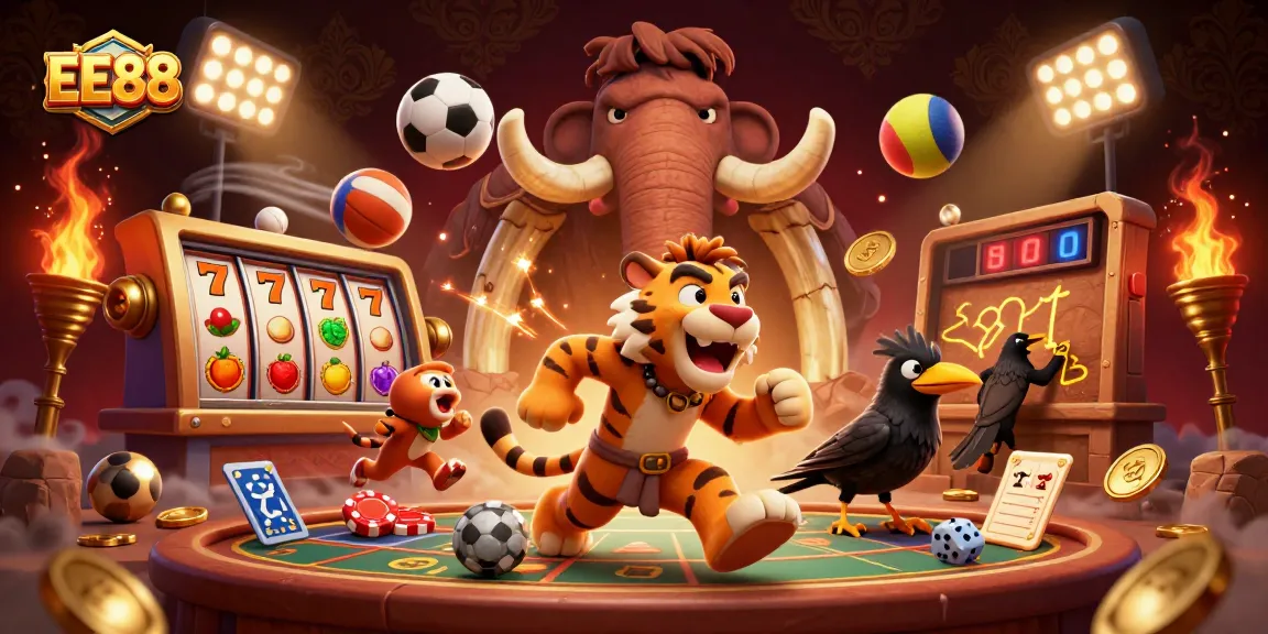 Engage in thrilling gaming at EE88 with vibrant casino elements and characters in a dynamic illustration.