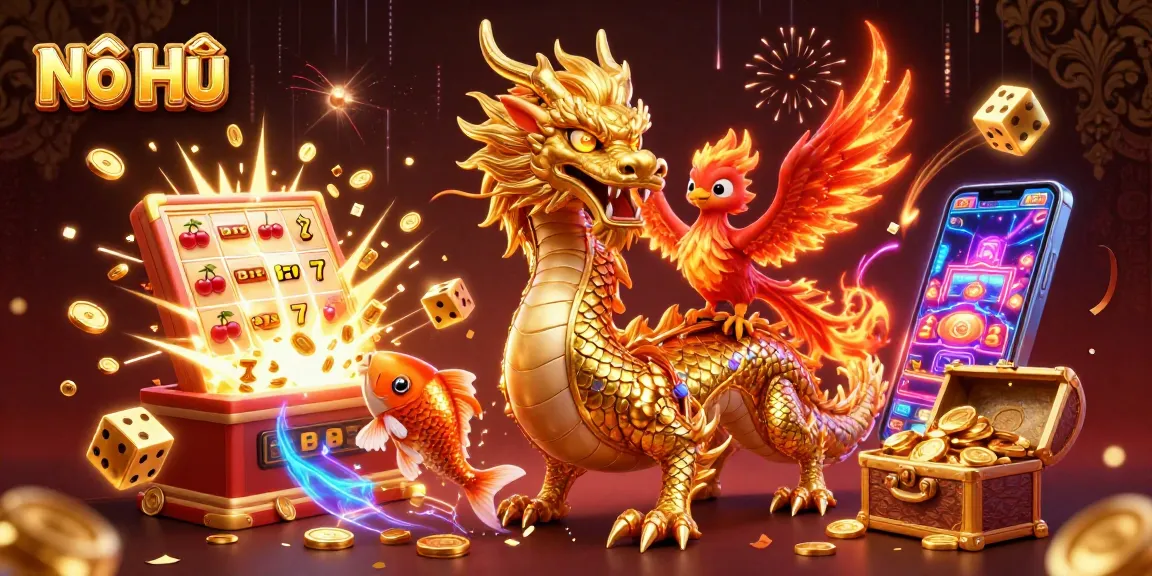 Nổ Hũ showcases a vibrant 3D casino scene with a dragon and phoenix amid slot machine chaos.