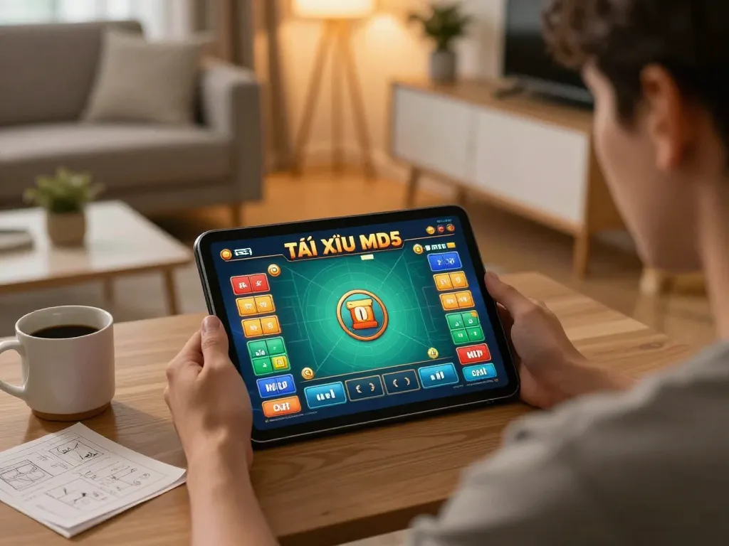 Engaging online gaming session showing a player enjoying tài xỉu md5 game on a tablet in a cozy setting