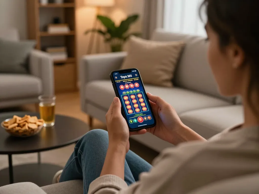 Taya 365 user enjoying online slots on smartphone in a cozy home environment