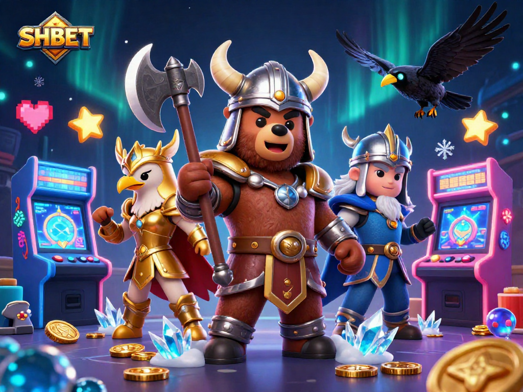 Win thrilling rewards at SHBET with an epic 3D casino scene of Viking characters and arcade games.