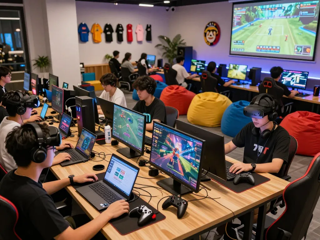 Interactive scene of young adults gaming on 789club platform with colorful accessories.