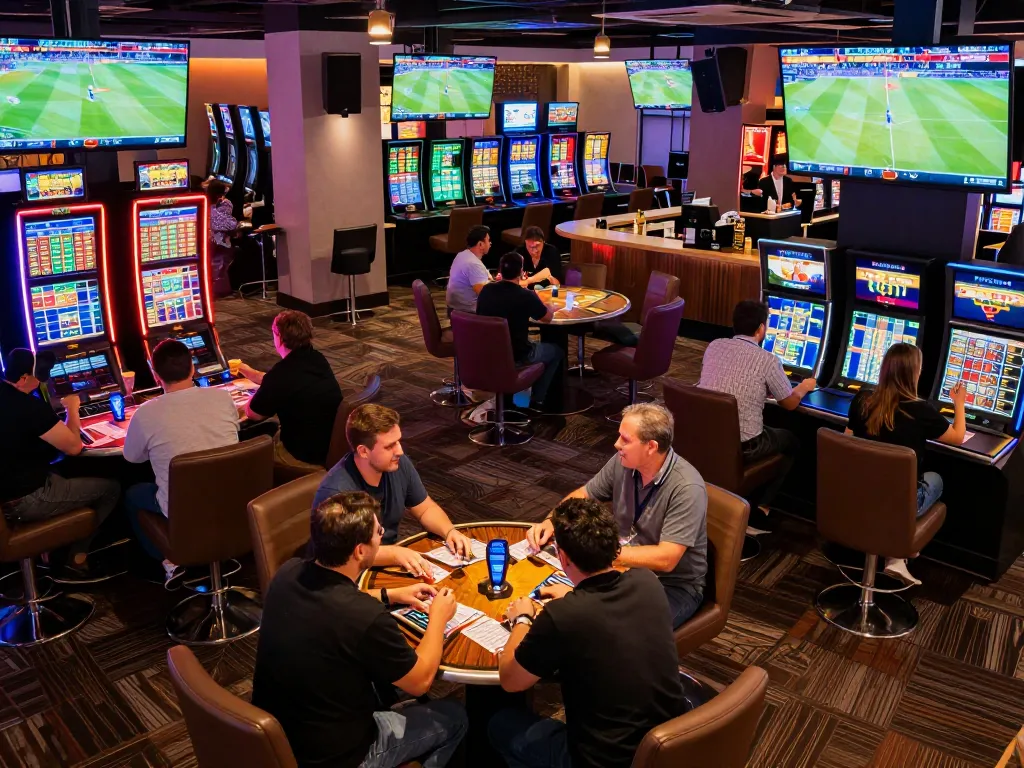 Dynamic scene of sports bettors engaging with Nowgoal live betting odds in a lively casino lounge