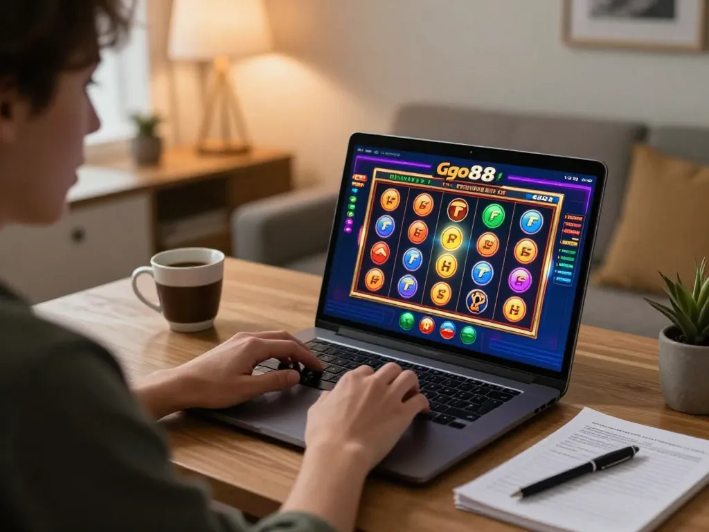 Person engaged in go88 online gaming, showcasing a lively slot interface on laptop amid a cozy home office setting.