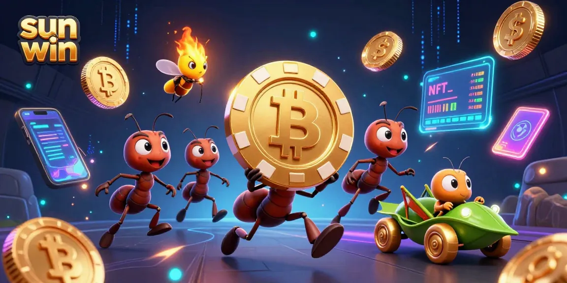 Sun win ants carry a giant poker chip through digital realms with crypto coins and neon effects.
