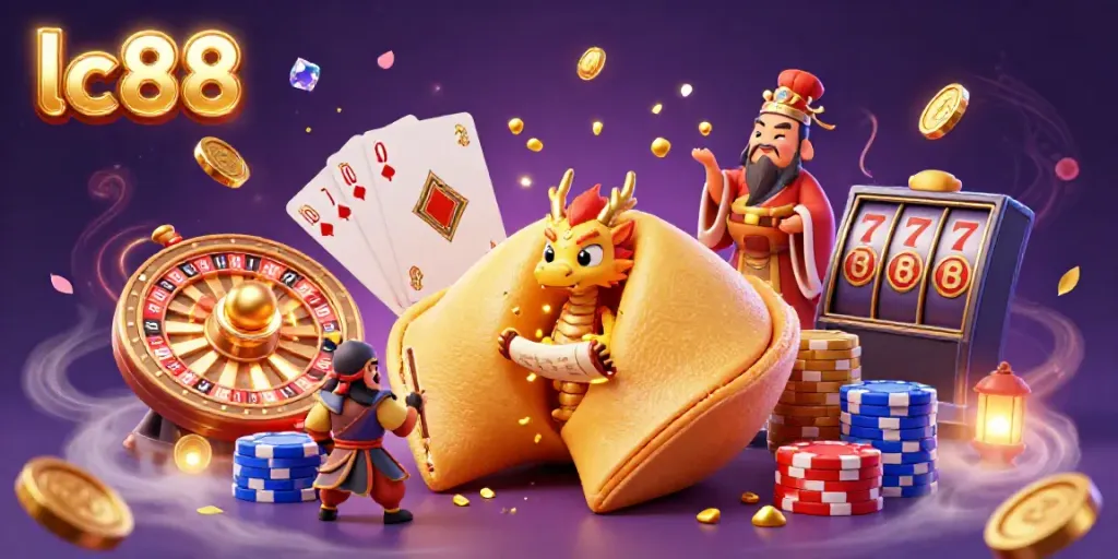 Engage with lc88's golden fortune cookie jackpot scene featuring vibrant gaming elements and iconic characters.
