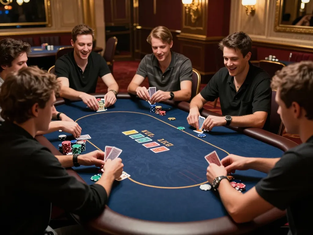 Players revealing cards in an alo8 poker game, showcasing competitive gameplay in a luxurious casino.