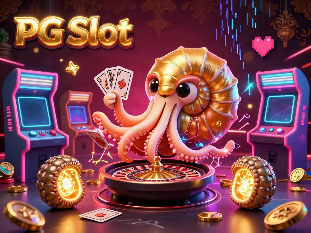 Experience thrilling gameplay with PG Slot featuring a dynamic ancient nautilus character amidst glowing arcade machines.