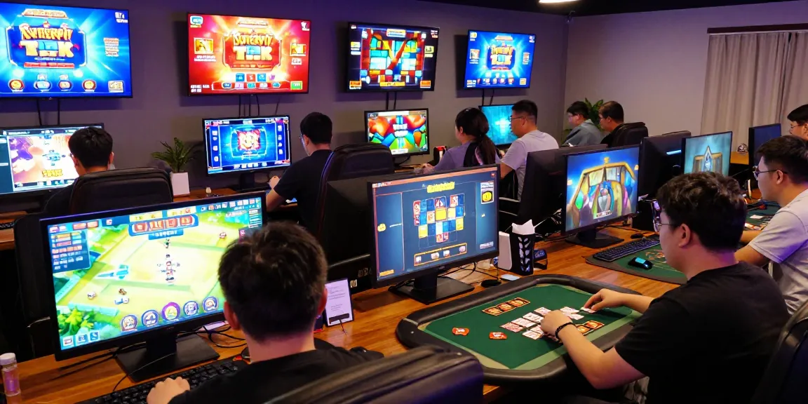 Exciting gaming atmosphere showcasing players enjoying game bài đổi thưởng uy tín at their virtual setups with colorful game interfaces.