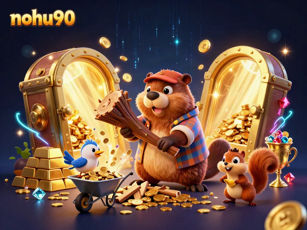 Experience thrilling gaming action with nohu90 as cartoon characters collect coins in a vibrant casino world.