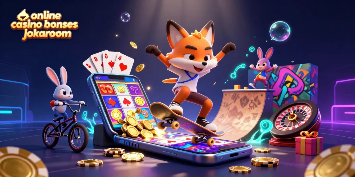 Experience online casino bonuses jokaroom with a vibrant 3D illustration of a fox and rabbit in a gaming environment.