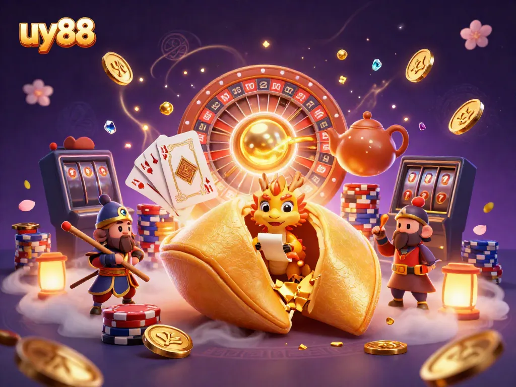 Experience exciting wins at uy88 with vibrant casino-themed elements and golden fantasy characters.