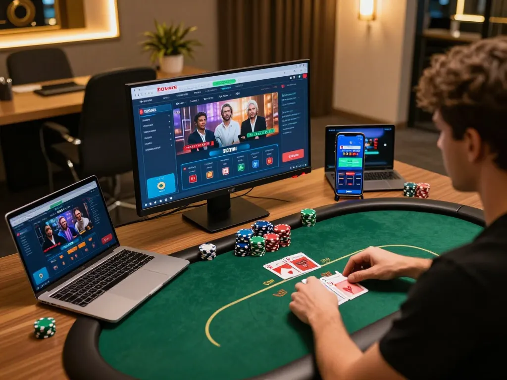 #zowin exciting online poker gameplay setup featuring multiple devices and strategic gaming elements.