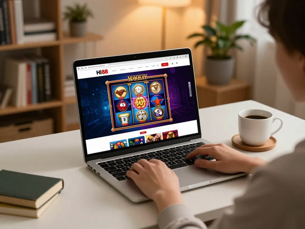 Enjoying online gaming on HI88 platform in a cozy home setting.