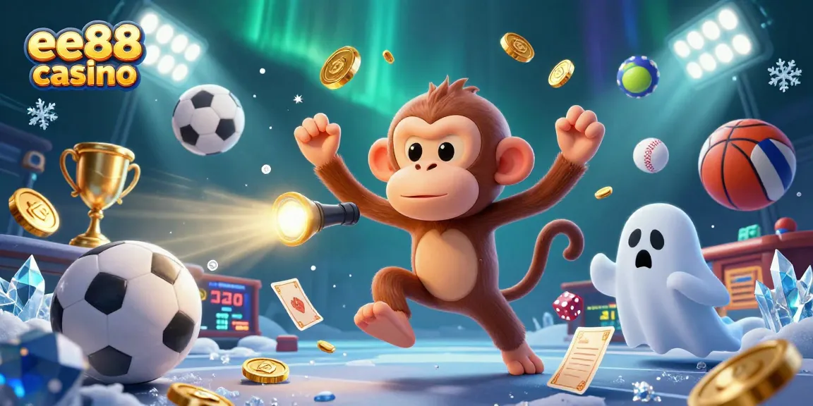 Engage in thrilling gameplay at ee88 casino, featuring a mischievous monkey juggling golden gambling tokens and sports elements.