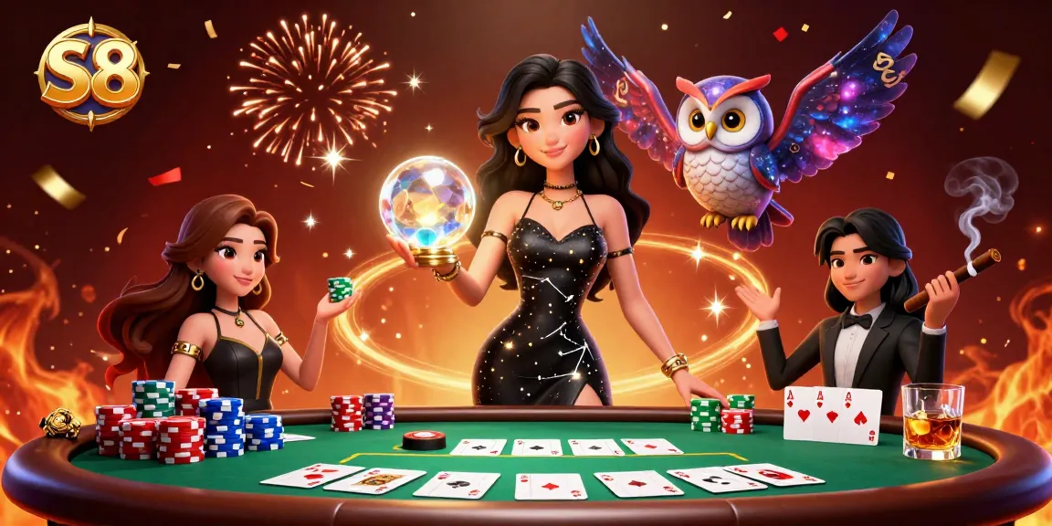 S8 players enjoy a vibrant 3D casino scene filled with poker chips and zodiac symbols.