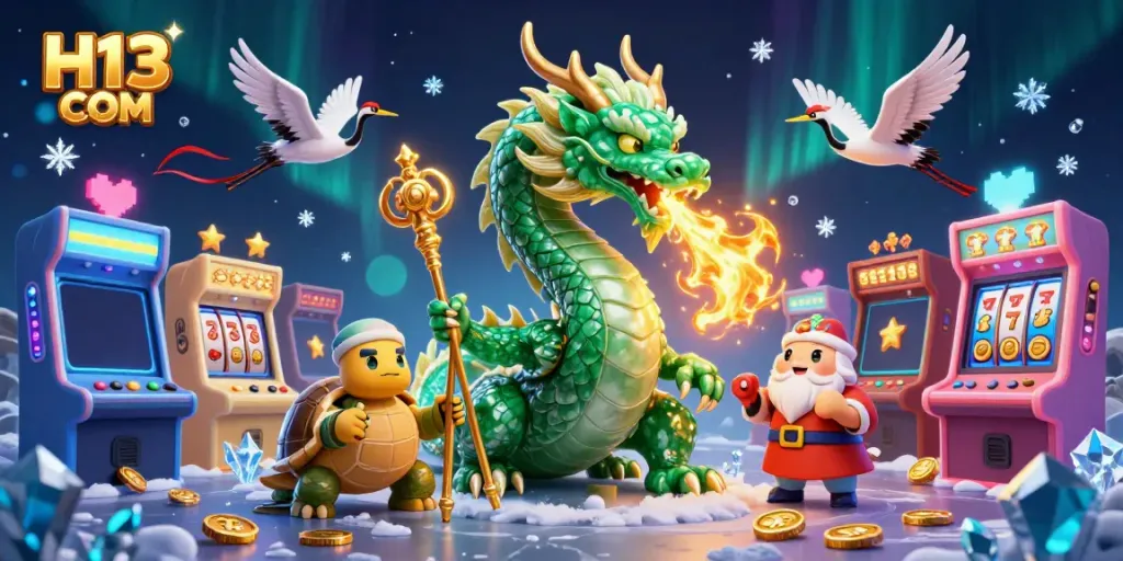 Experience excitement at H13 COM with a whimsical scene of a jade dragon, a turtle sage, and lucky cranes surrounded by gaming elements.