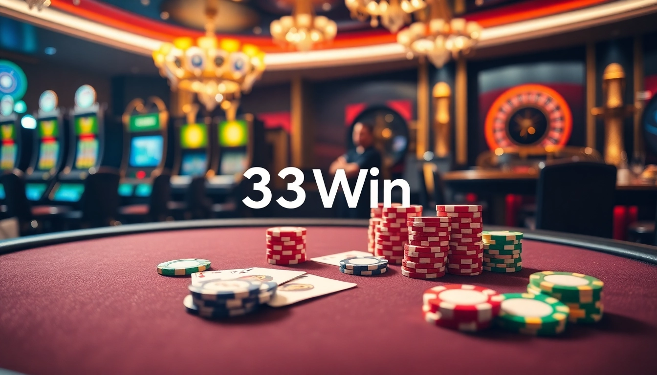 Engaged players enjoying a thrilling game at 33Win casino, with poker chips and cards on the table.