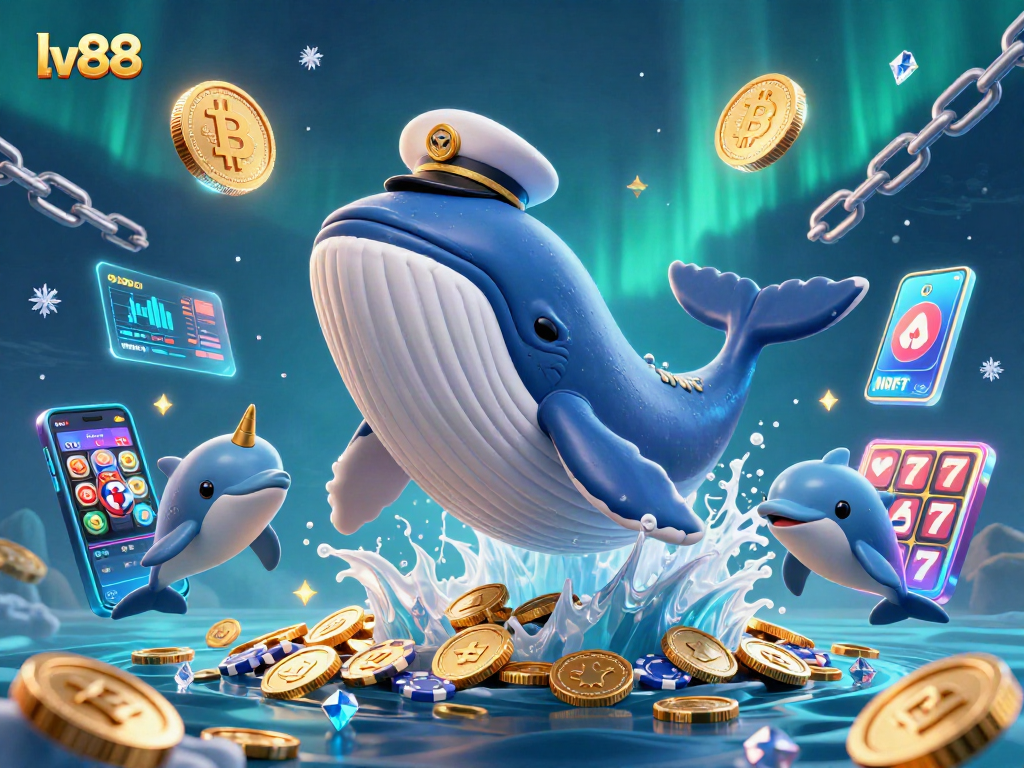 Play and win big with lv88 in this vibrant 3D casino illustration featuring a whale and playful dolphins.