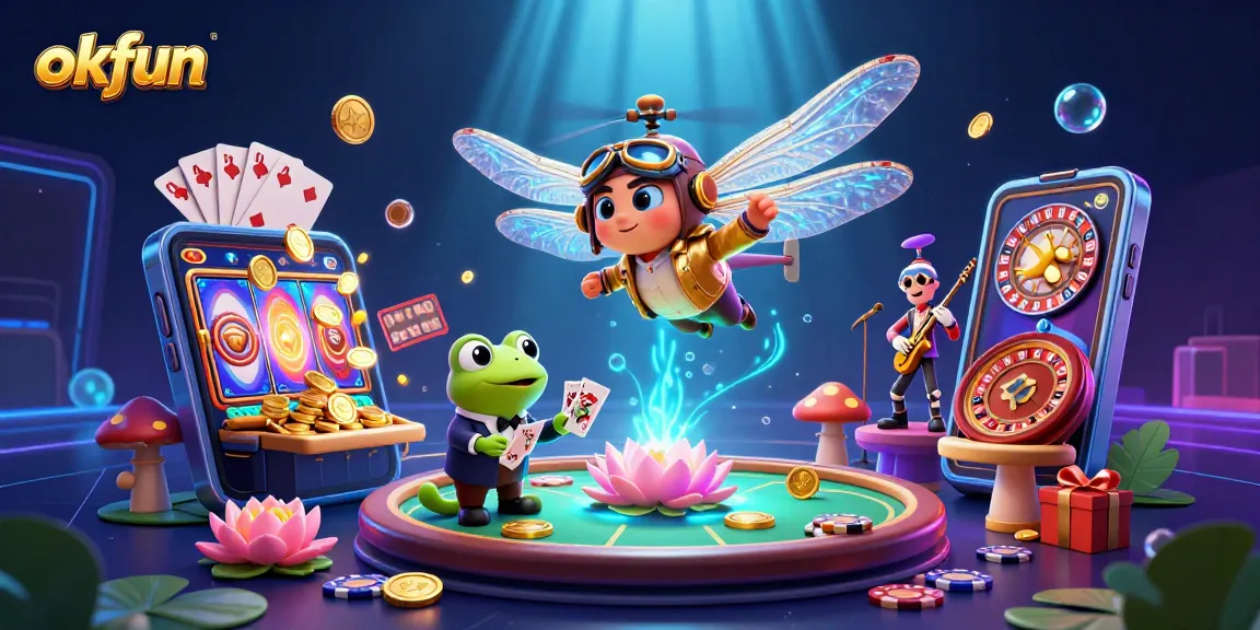 Experience the excitement of okfun with a vibrant 3D casino scene featuring a dragonfly pilot and frog dealer.