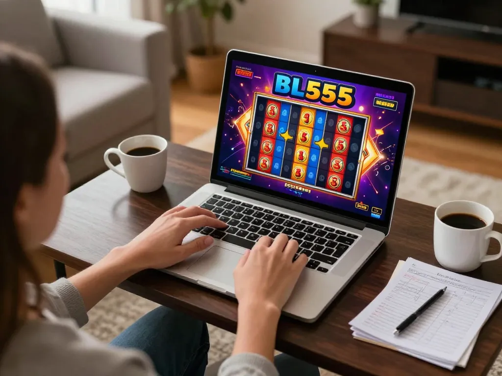 Engaged player enjoying Bl555 casino slots on laptop in cozy home setting, emphasizing strategic online gaming atmosphere