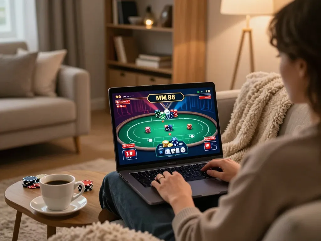 Player enjoying MM 88 online poker at home, highlighting vibrant gameplay and cozy atmosphere.
