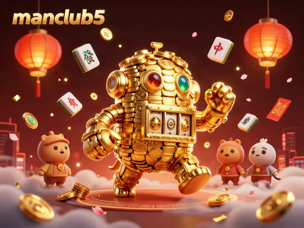 Experience winning thrills with manclub5’s vibrant golden golem surrounded by dynamic casino elements.