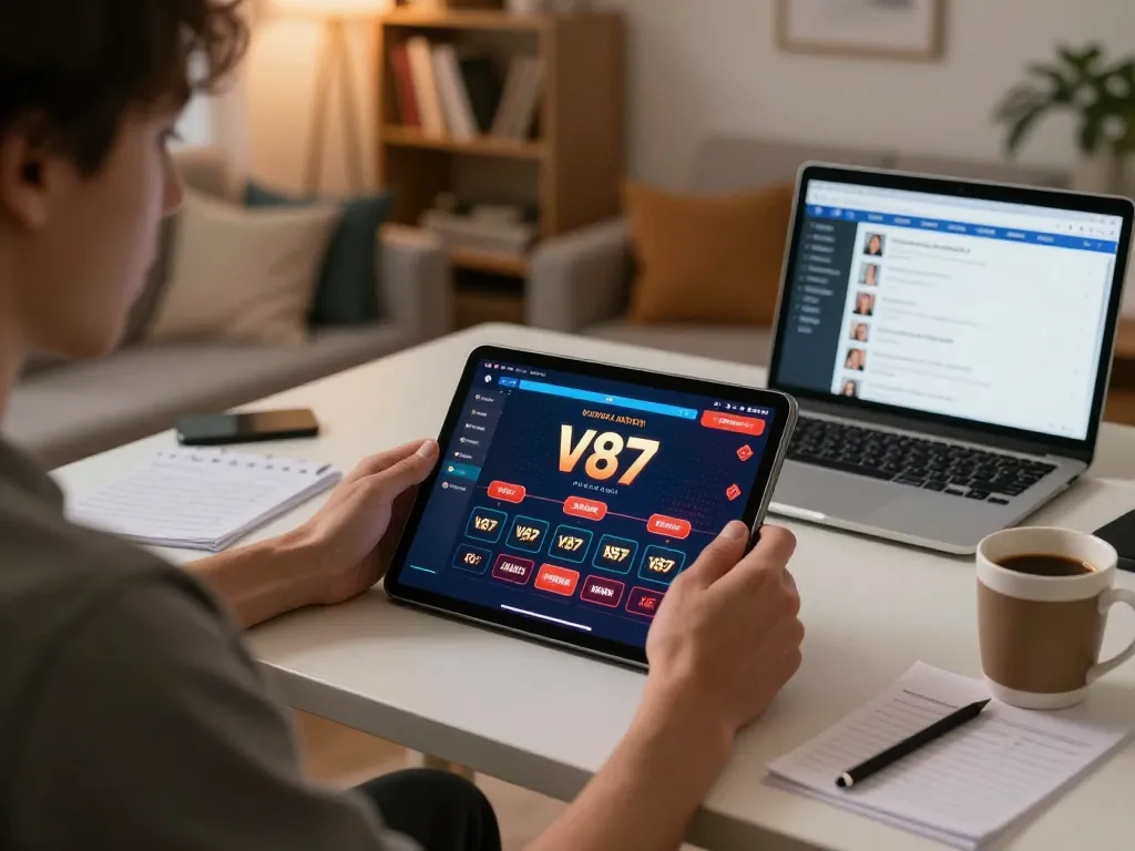 Pemain menganalisis strategi taruhan V87 di rumah dengan tablet dan catatan di ruang tamu yang nyaman