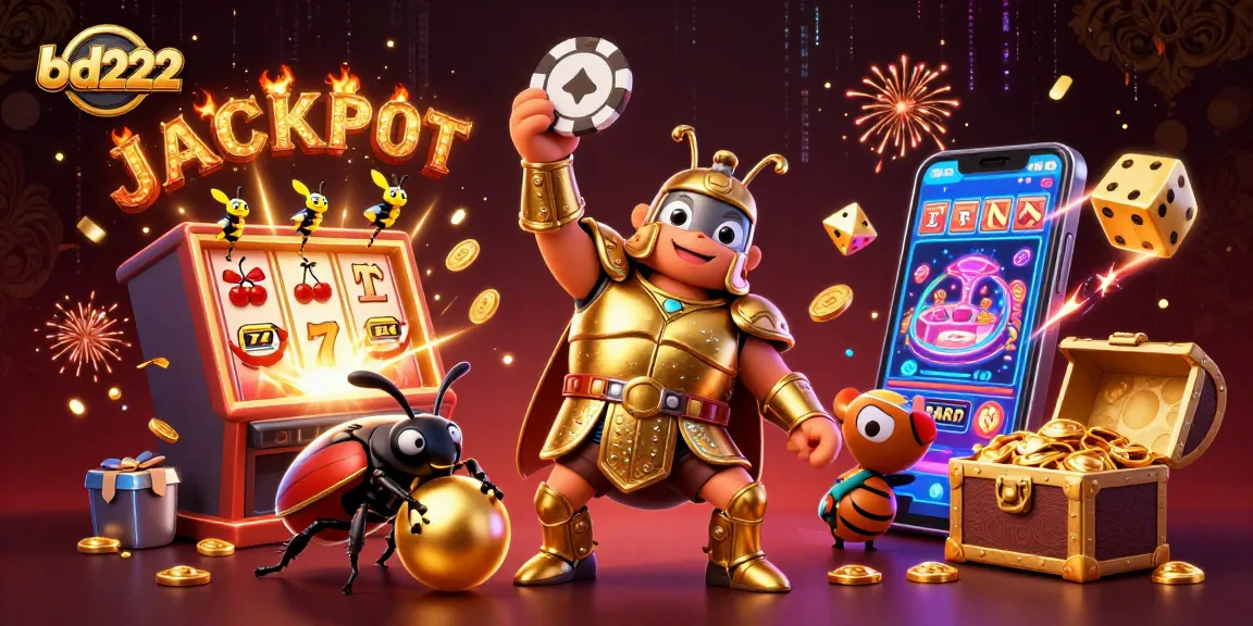 Experience thrilling wins with bd222 as a cartoon beetle raises a poker chip amidst a vibrant casino scene.