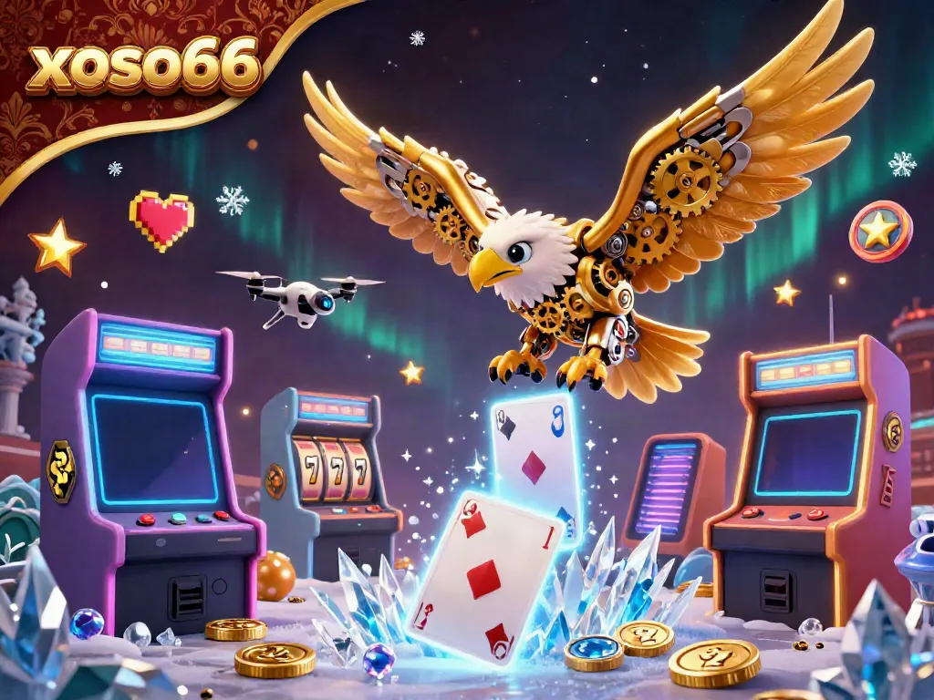 Witness the thrilling action of xoso66 with a cybernetic eagle diving through playing cards amidst vibrant arcade game elements.