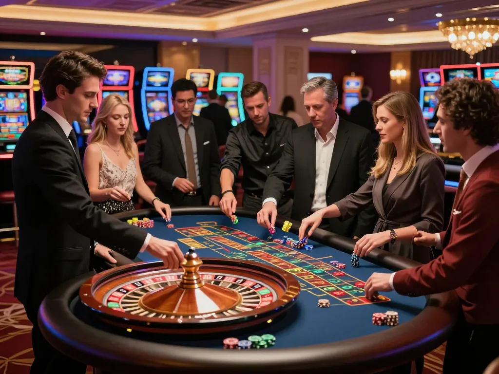 Melihat pemain menikmati permainan roulette yang menarik di kasino HWG500 di bawah pencahayaan ambient yang elegan.