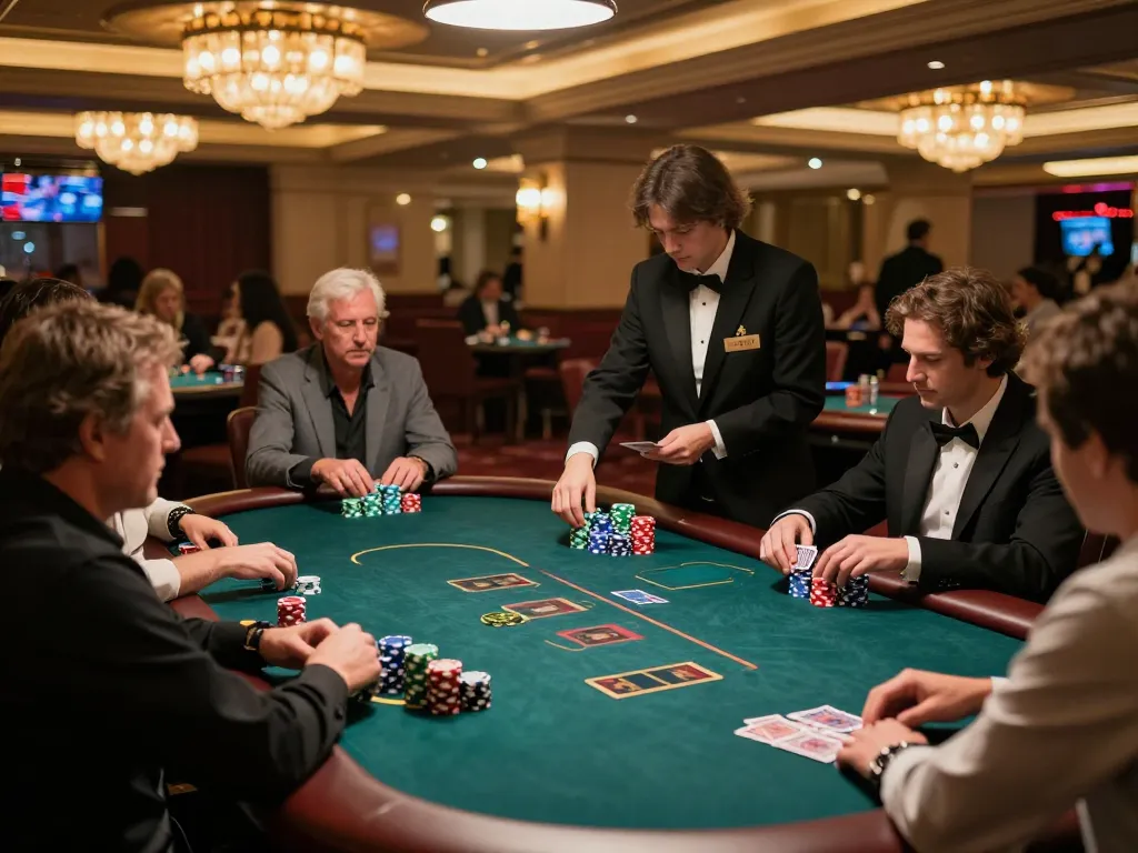 Players engage in a thrilling poker game at 789 casino table, surrounded by colorful chips.