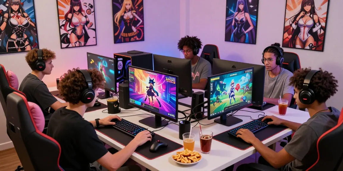Engaged gamers enjoying free hentai games in a vibrant gaming room atmosphere with snacks and ambient lighting.