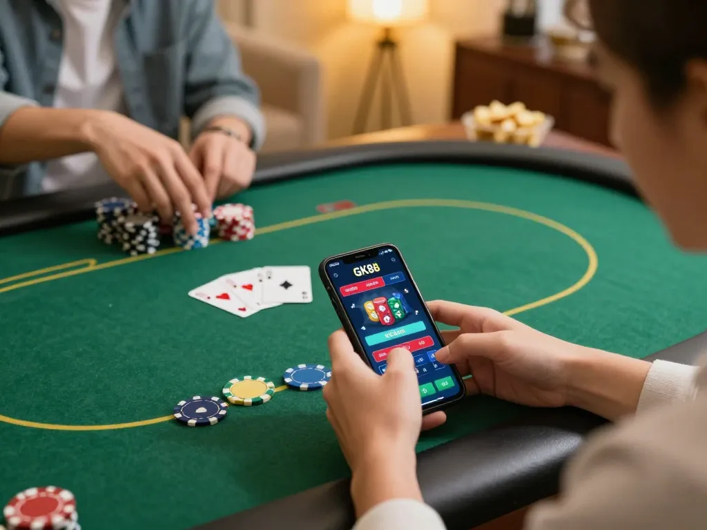 Person interacting with the GK88 mobile app for online casino gaming, focused on strategic betting.