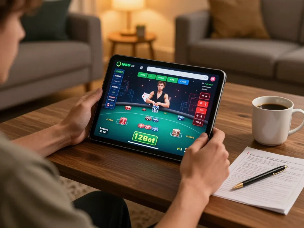 Player engaging in online poker at home using 12bet, showcasing tablet interface and a cozy environment.