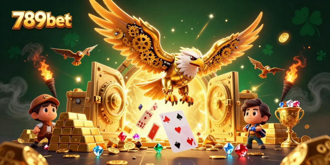 Experience the excitement of 789bet with a golden eagle soaring through virtual treasures and cards.