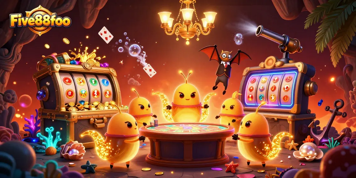Engage in gaming thrills with Five88foo's vibrant casino illustration featuring animated glowworms and slot reels.