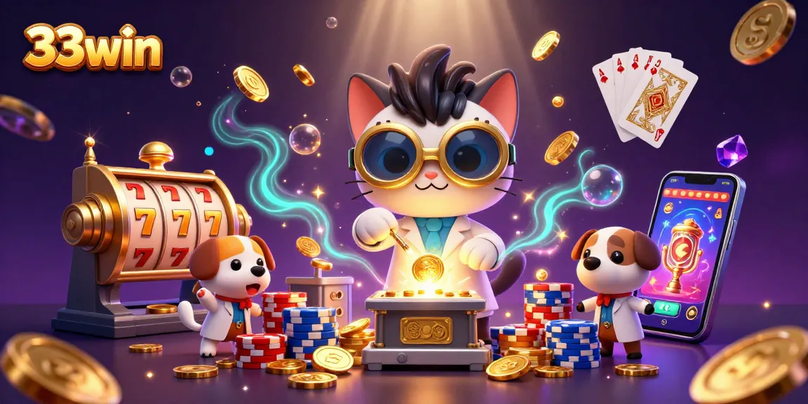 Engage with 33win's exciting wins in a vibrant 3D casino scene featuring playful characters and dynamic elements.