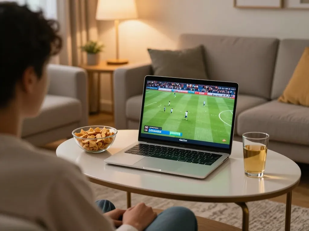 Socolive user watching live soccer on a laptop in a cozy home setting with snacks and drinks.