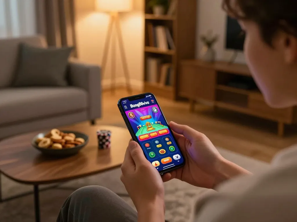 Bong88viva user enjoying live dealer games on smartphone in a cozy living room