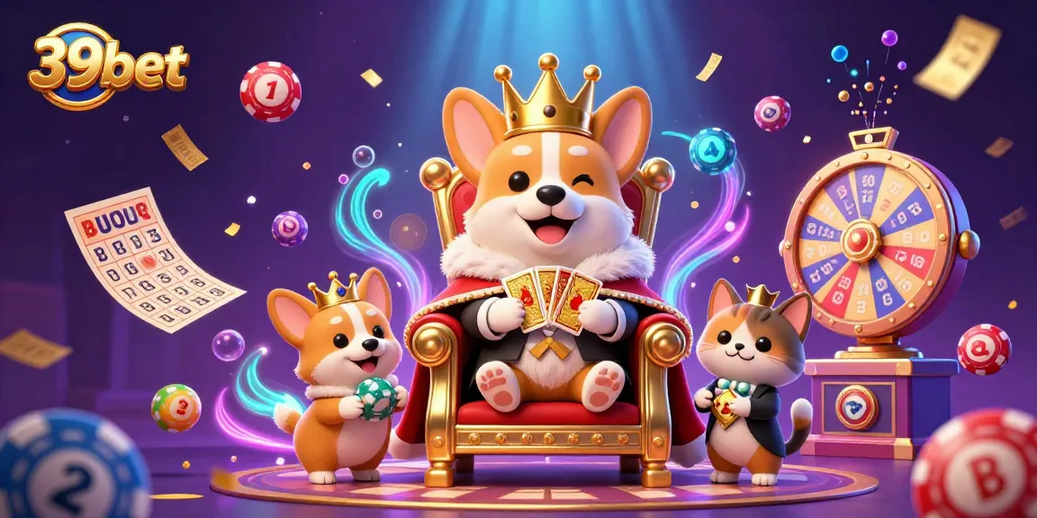 Experience the excitement at 39bet with a playful royal corgi throne scene, engaging in dynamic gambling elements.