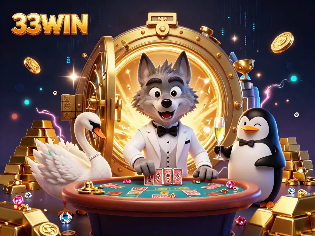 33WIN mang đến trải nghiệm sòng bạc với hình ảnh 3D sống động của các nhân vật như sói, thiên nga và chim cánh cụt.