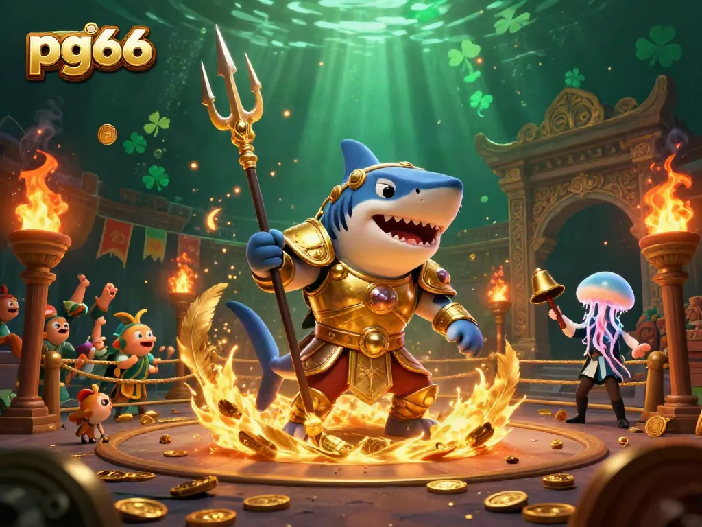 Witness the thrilling action at pg66's underwater colosseum, featuring a funny tiger shark gladiator.