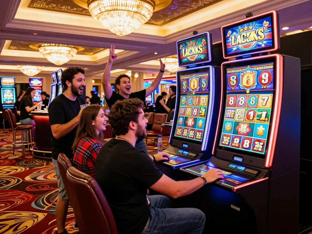 Excited players enjoying the Lucky 88 slot machine at a vibrant casino, capturing the thrilling gambling atmosphere.