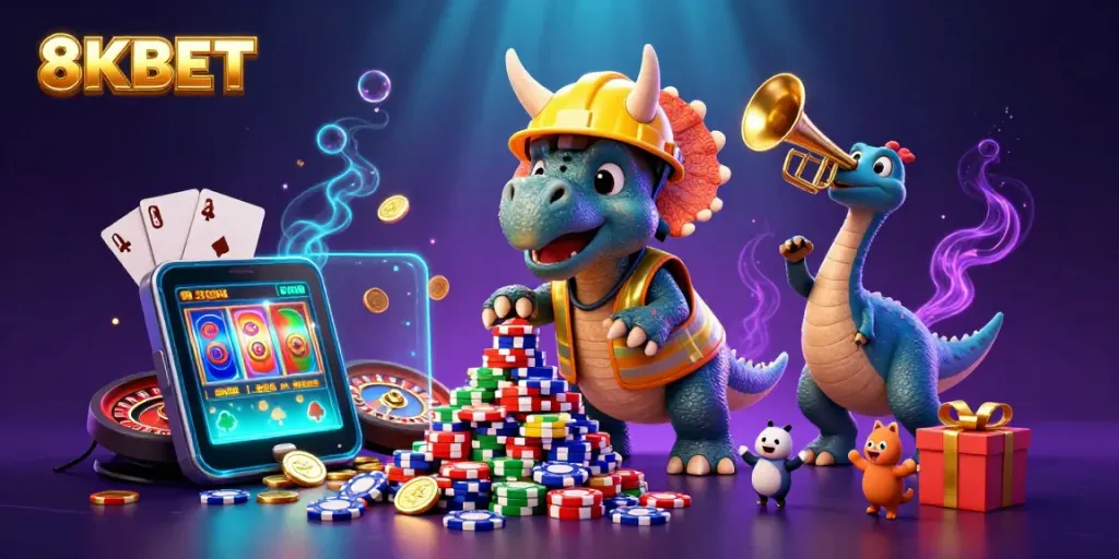 Hòa nhịp thắng lớn cùng 8KBET với triceratops và những biểu tượng may mắn trong sòng bài.