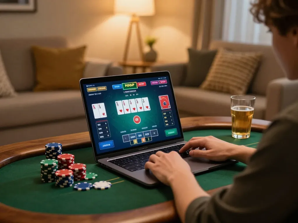 Player engaging in online poker at home using jun88 for a thrilling gaming experience.