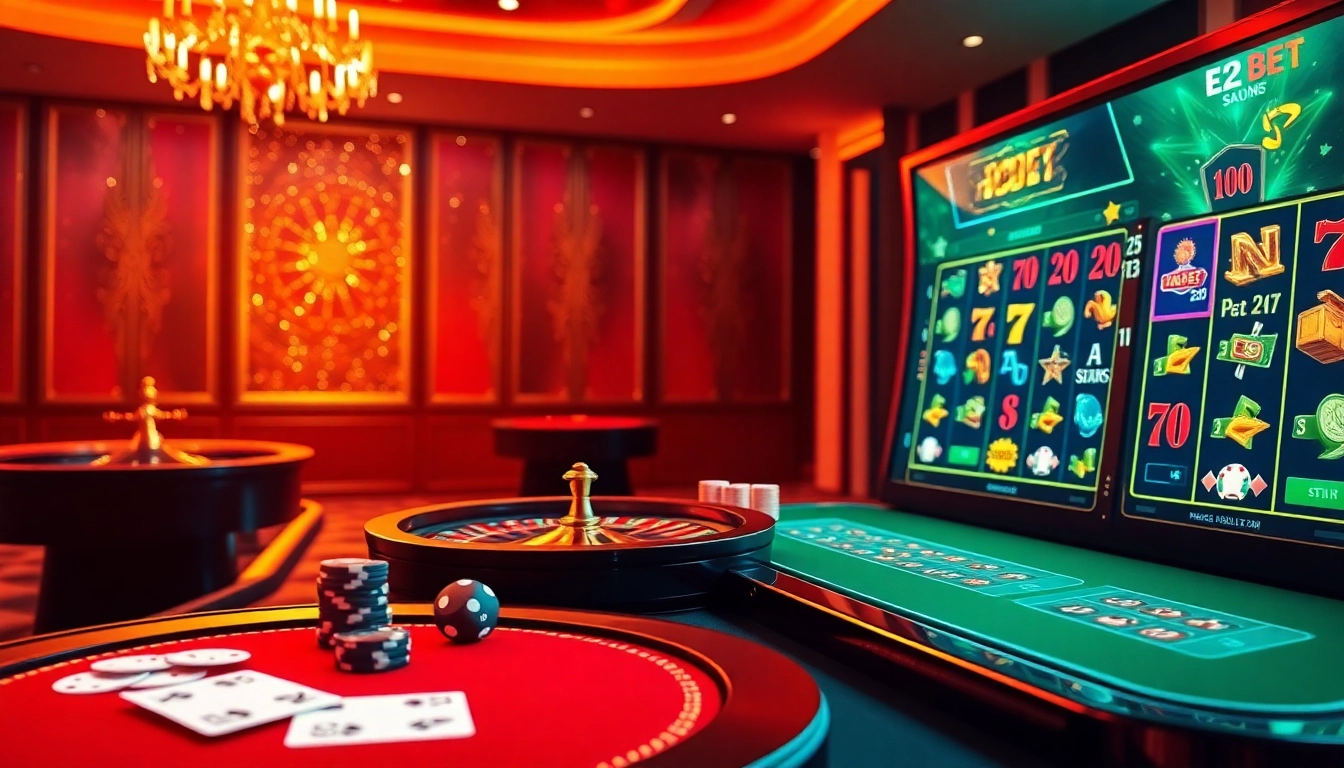 E2bet online gaming scene with vibrant casino tables and digital slot machines.