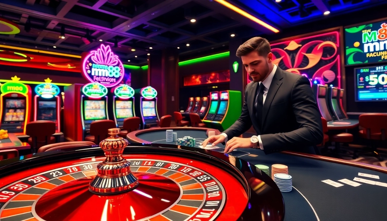 Engage with high-stakes gameplay at the mm88 link casino featuring vibrant tables and slot machines.